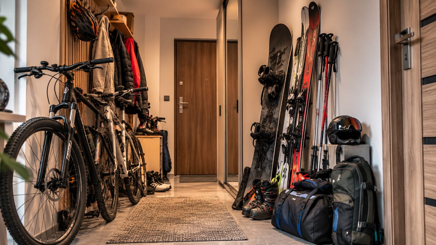 Rowery, narty i deska snowboardowa zastawiające przedpokój w mieszkaniu