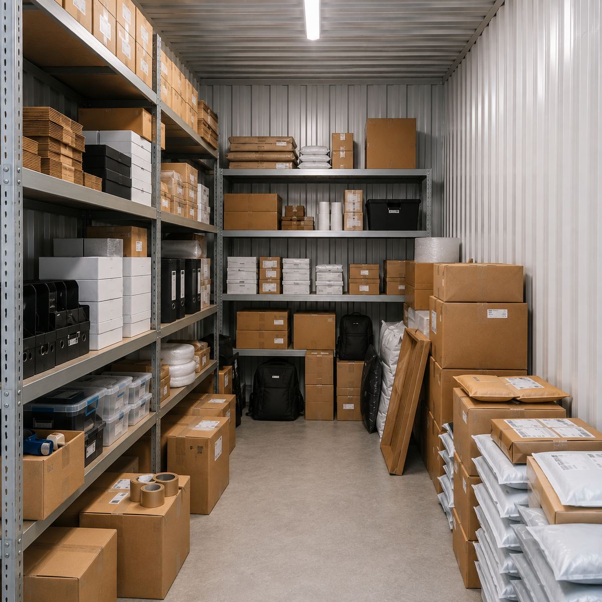 Regały z towarem sklepu internetowego w schowku self-storage Skierniewice
