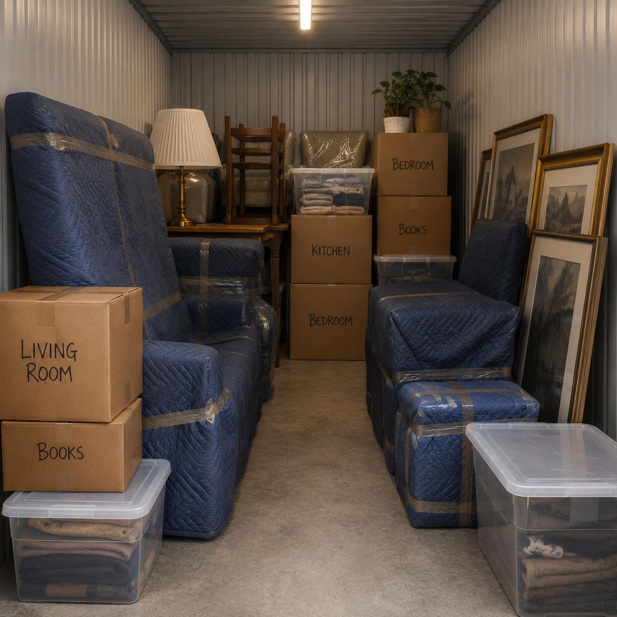 Meble i kartony zapakowane podczas przeprowadzki w schowku self-storage Skierniewice